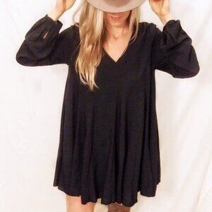 Charcoal grey black v neck Long Sleeve short mini Dress vnack tie back
